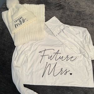 Matching, never been worn, “Future Mrs.” long sleeve, beanie and scarf.